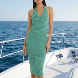 NWT $148 RESORT 2026 REVOLVE RUMORED Riptide knit midi halter dress emerald L